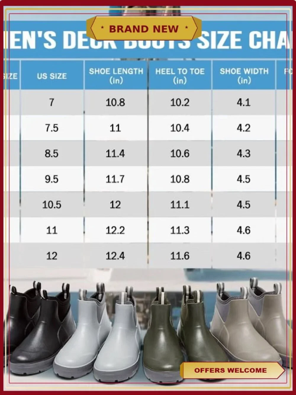 Men's Waterproof Rain Boots Anti-Slip Rubber Ankle Deck Boots Gardening Fishing